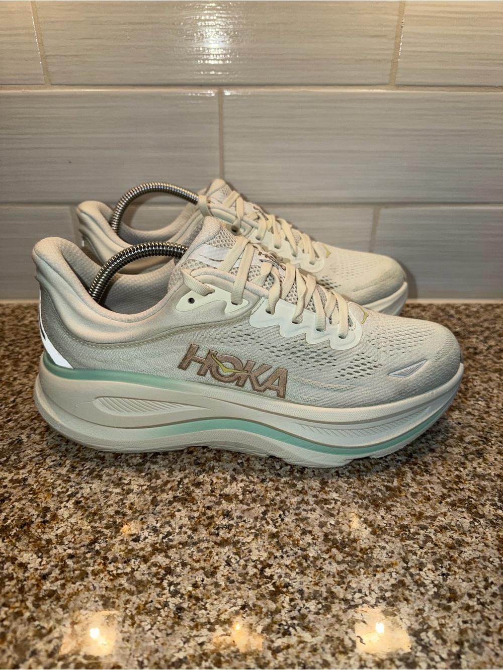 HOKA Women’s Running Shoes in Light Cream with Mint Trim